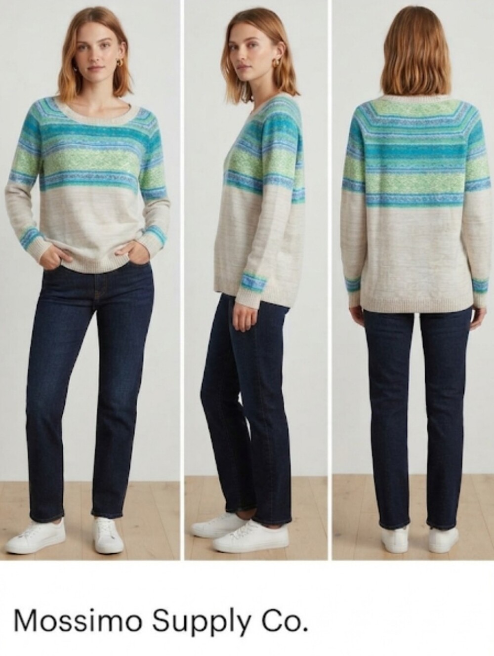 Mossimo Supply Co Fair Isle Striped Knit Oatmeal Blue Green  Sweater Size XL